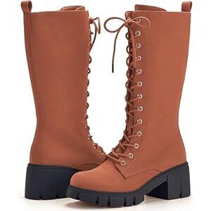 Women's Knee High Platform Boots Lace  Combat Booties, Zip-Up Mid-Calf Size 9.5